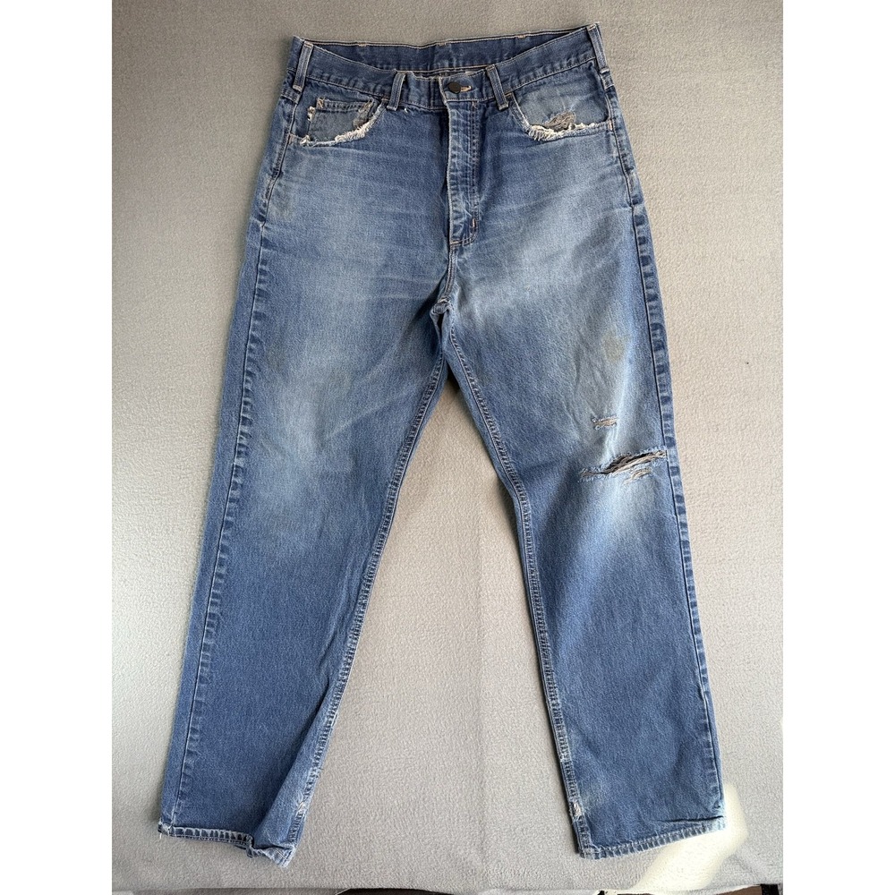 Carhartt FR Jeans Mens 34x32 Med Wash Blue Relaxed Straight Denim USA FRB100 DN